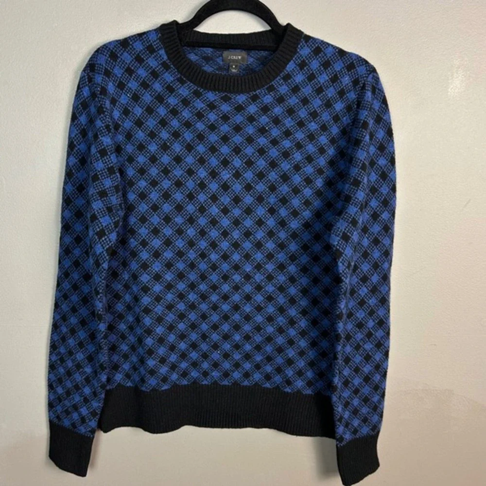 J Crew Lambswool Sweater Men's Small Blue Black Gingham Check Crew Neck Preppy